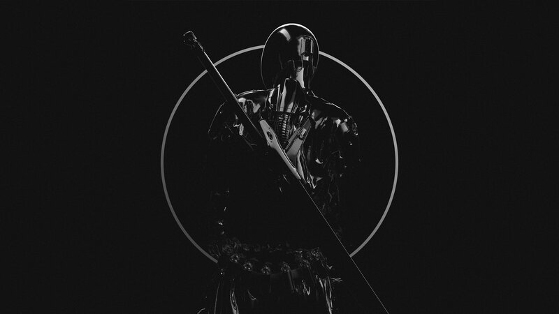 Robotic Warrior with Sword — Black, Dramatic, 3d Render
