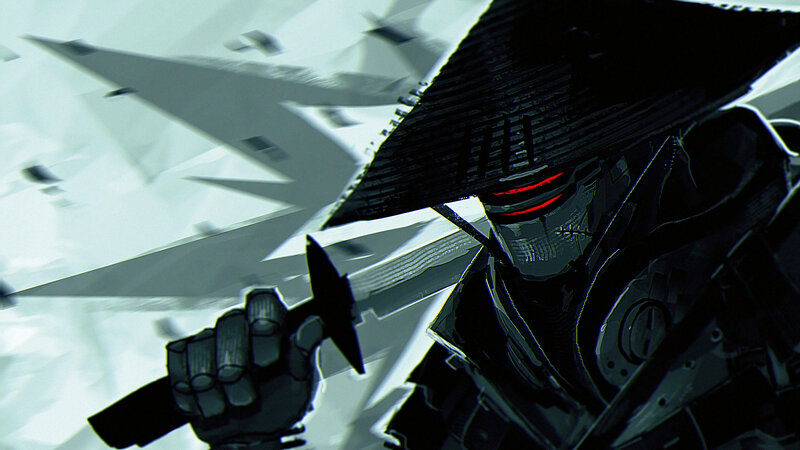Robotic Warrior with Sword — Black, Dramatic, Digital Art, Hat