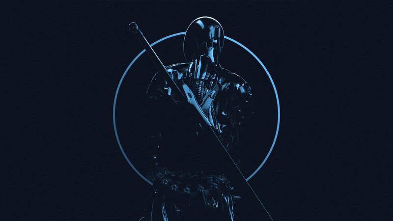 Robotic Warrior with Sword — Blue, Dark