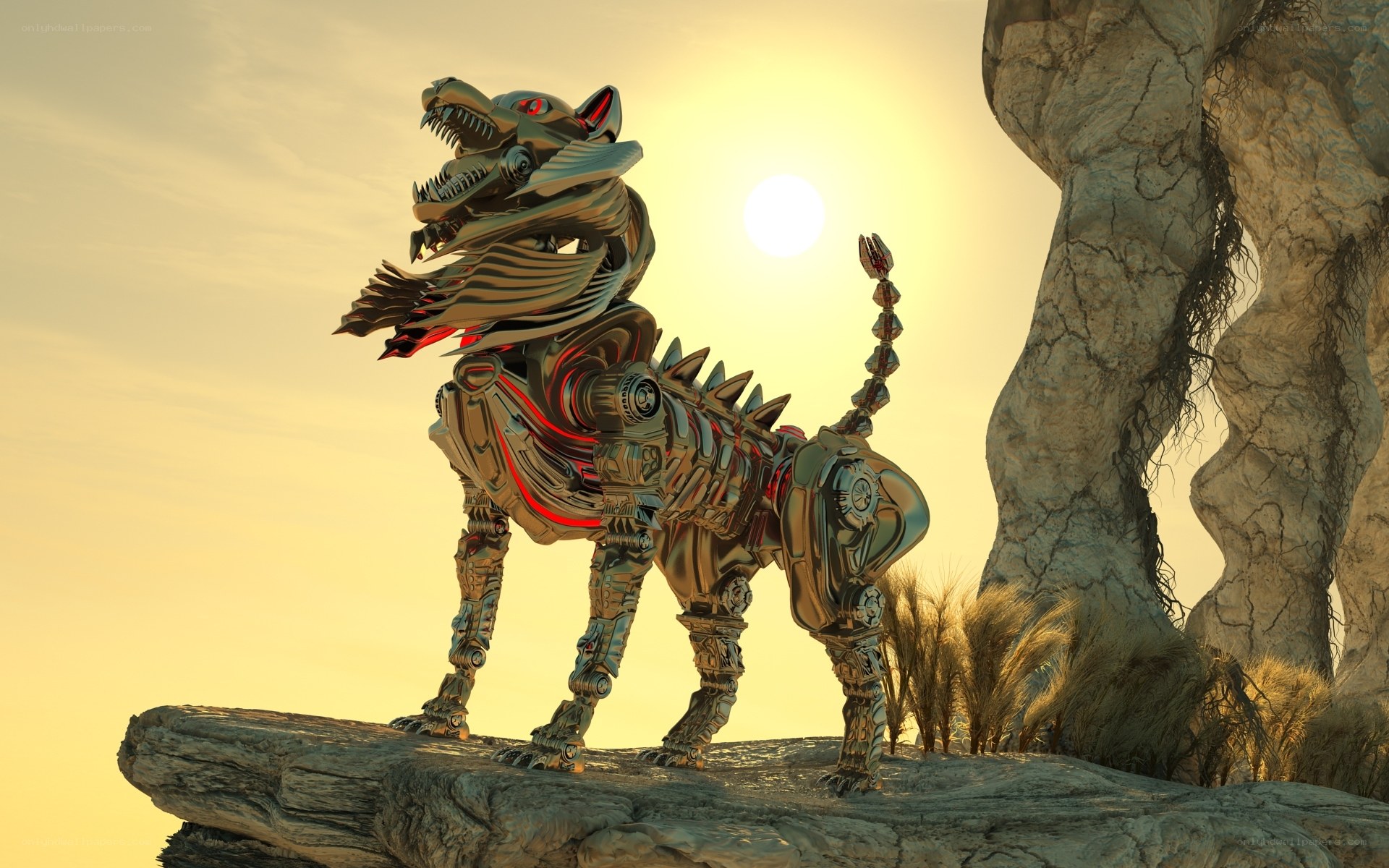 robotic wolf statue at sunset