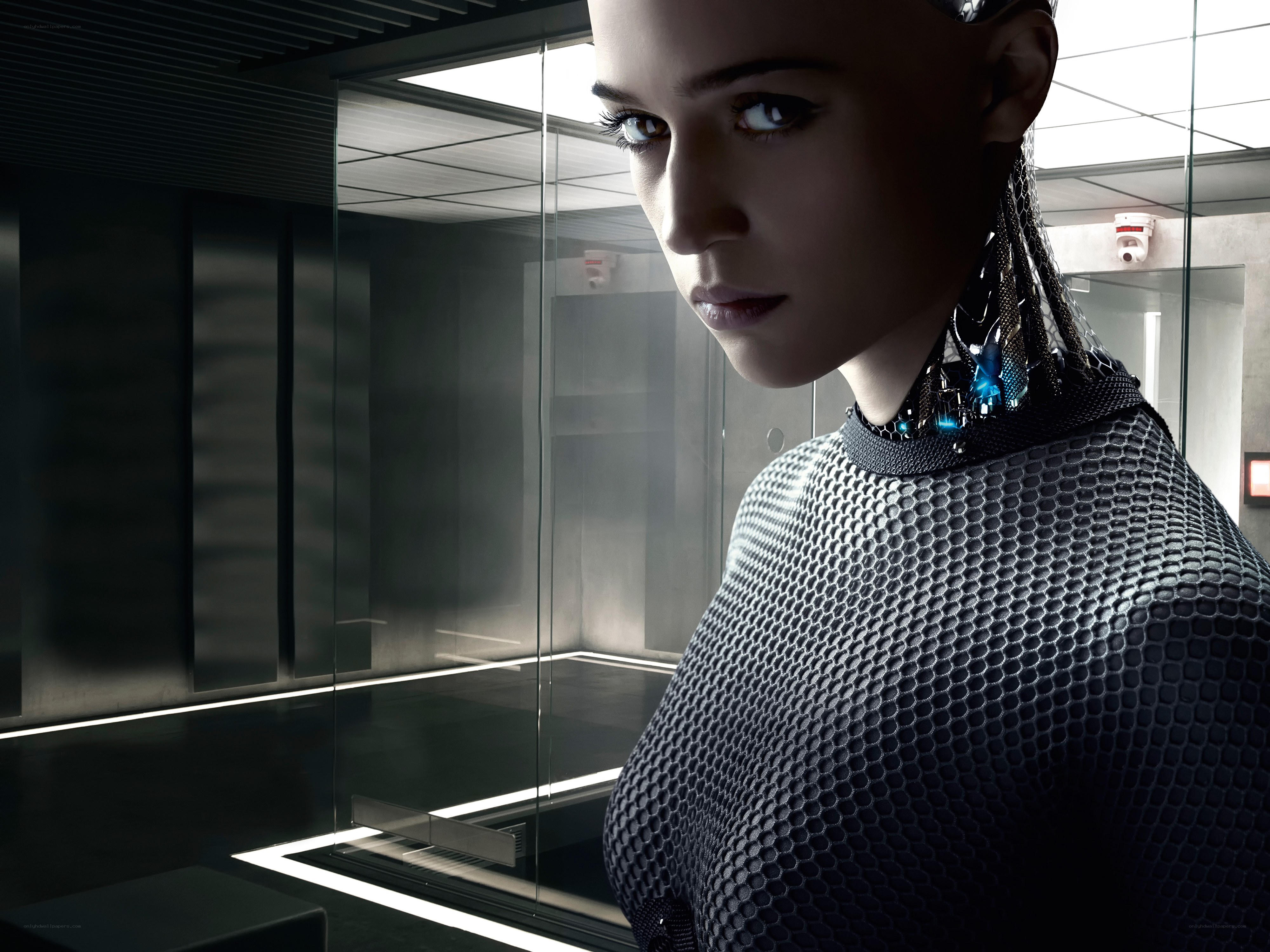 robotic woman in futuristic room
