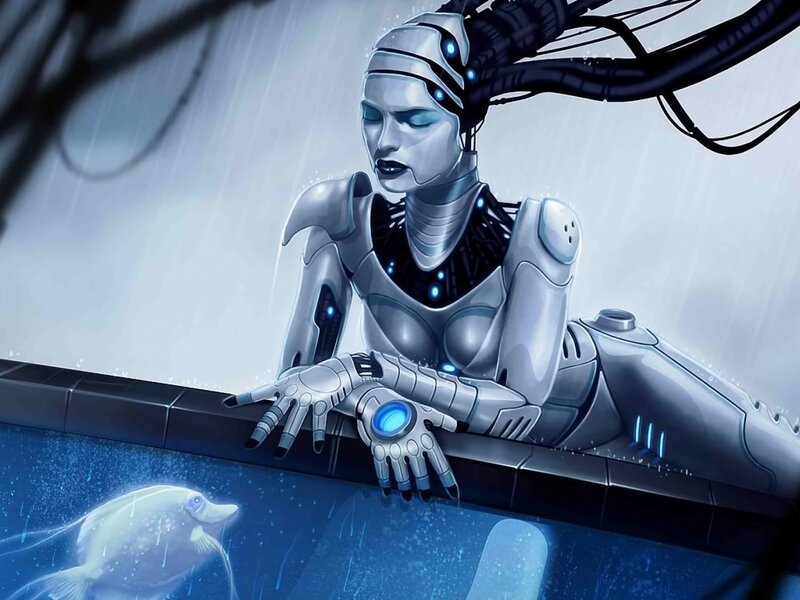 Robotic Woman in Rain — Blue