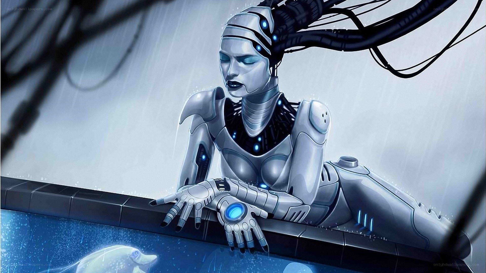 robotic woman in rain