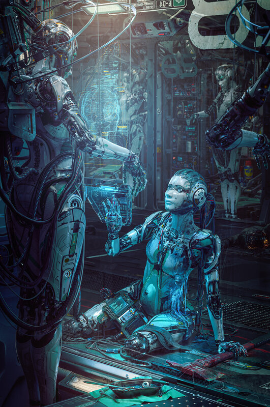 Robotic Woman in Workshop