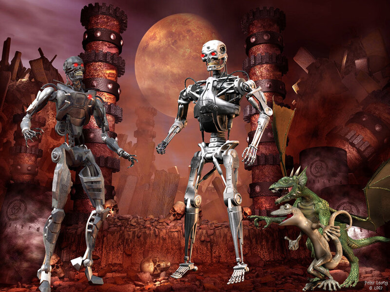 Robots and dragon in wasteland