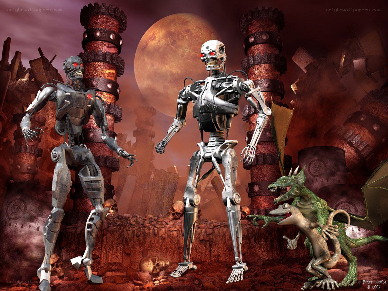 Robots and dragon in wasteland