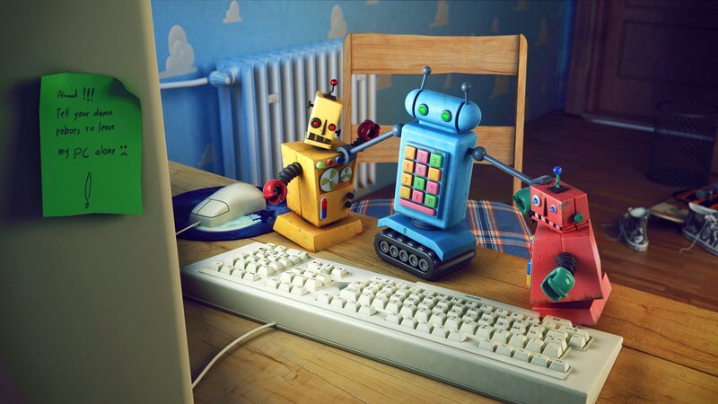 Robots at a Computer Desk