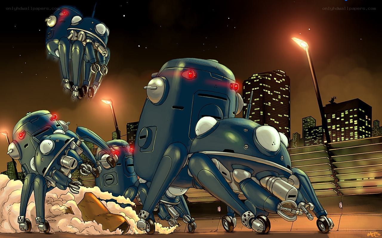 Robots attacking city at night