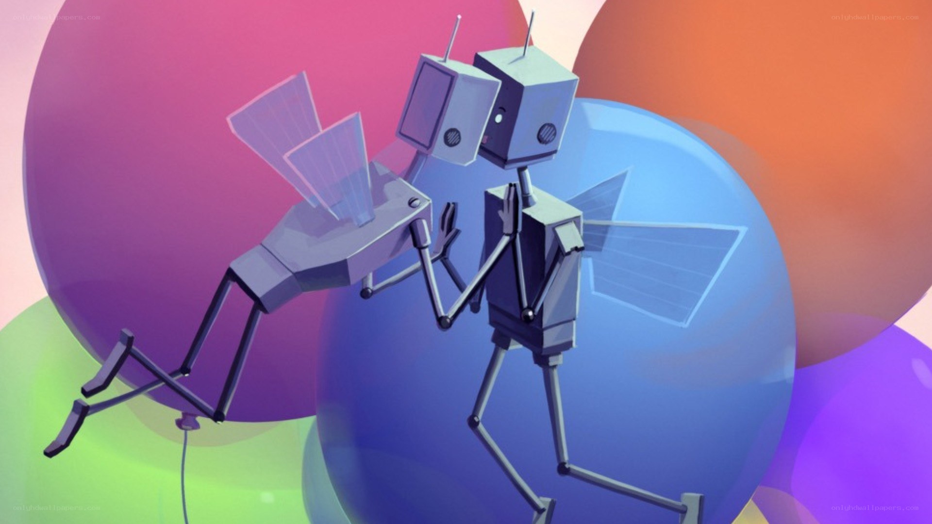 robots dancing on colorful spheres