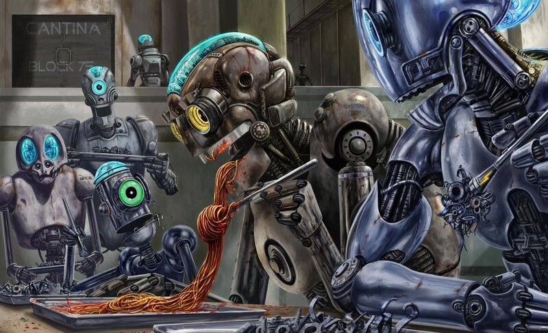 Robots Eating Spaghetti — Gray, Dramatic