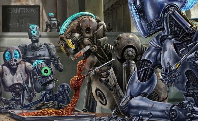Robots eating spaghetti in a cafeteria