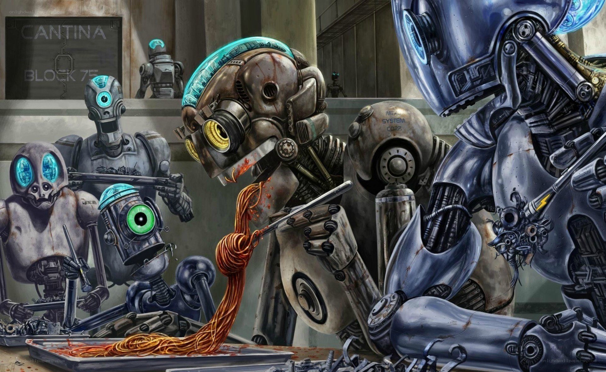 Robots eating spaghetti in a cafeteria
