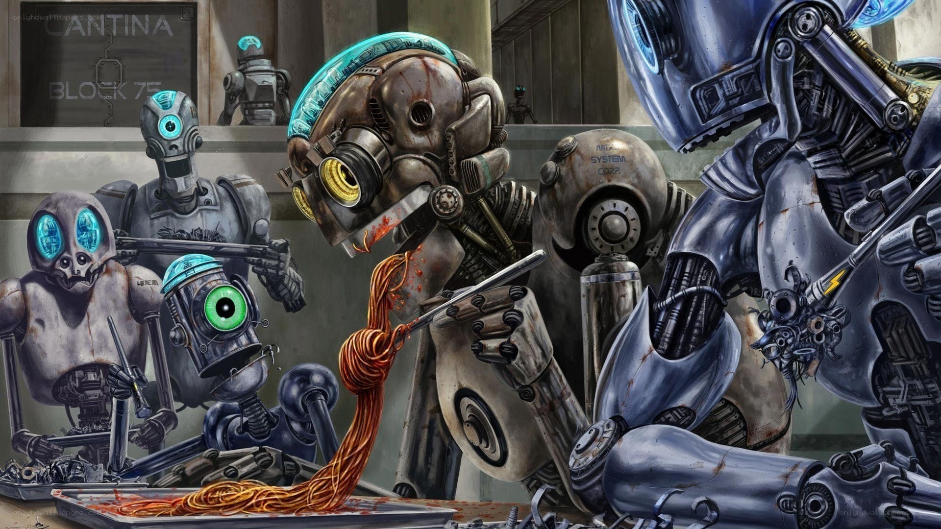 Robots eating spaghetti in a canteen