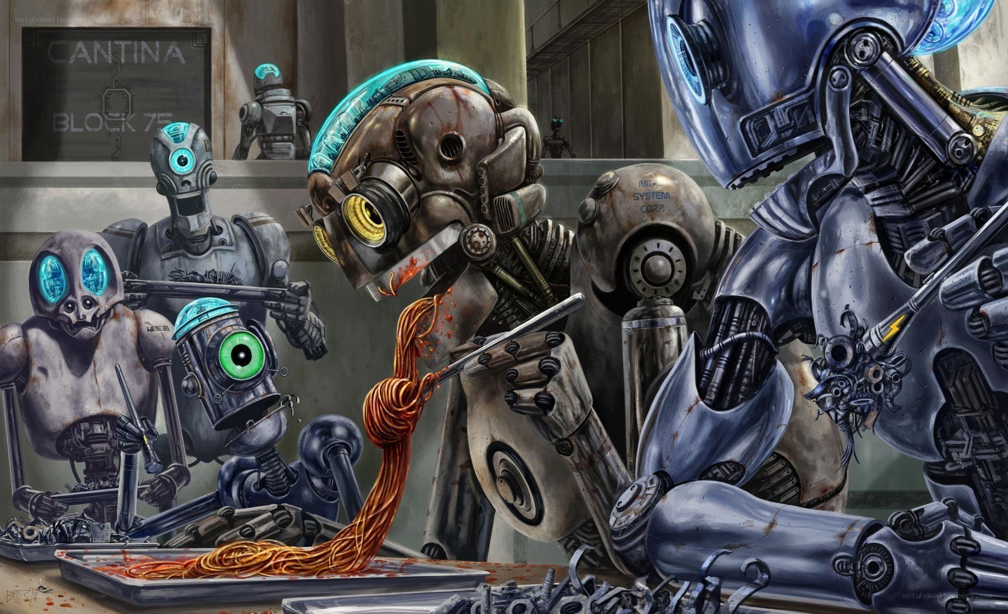Robots eating spaghetti in a canteen