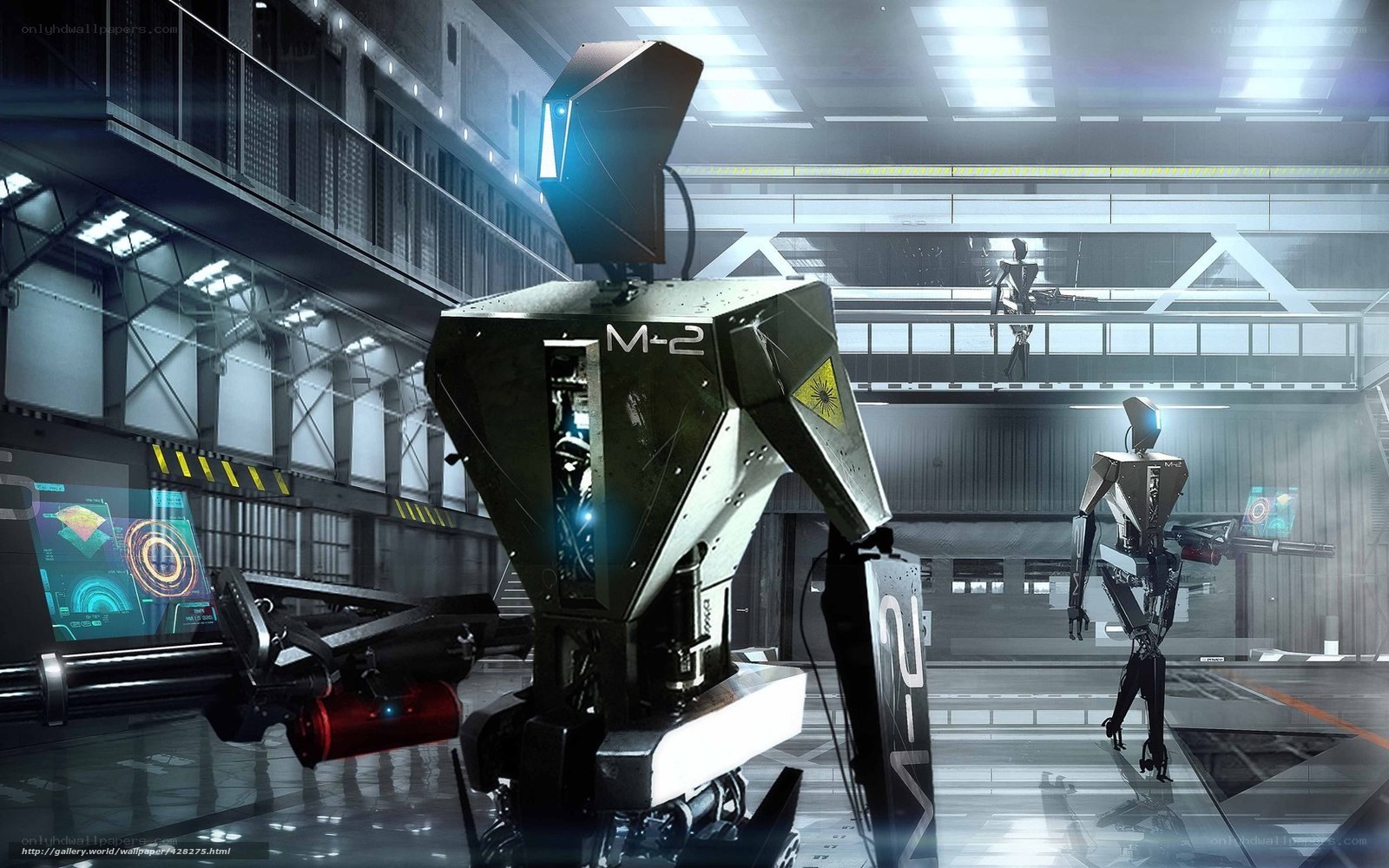 Robots in a futuristic facility