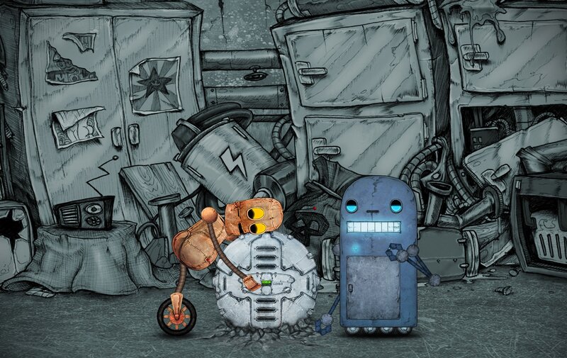 robots in a junkyard