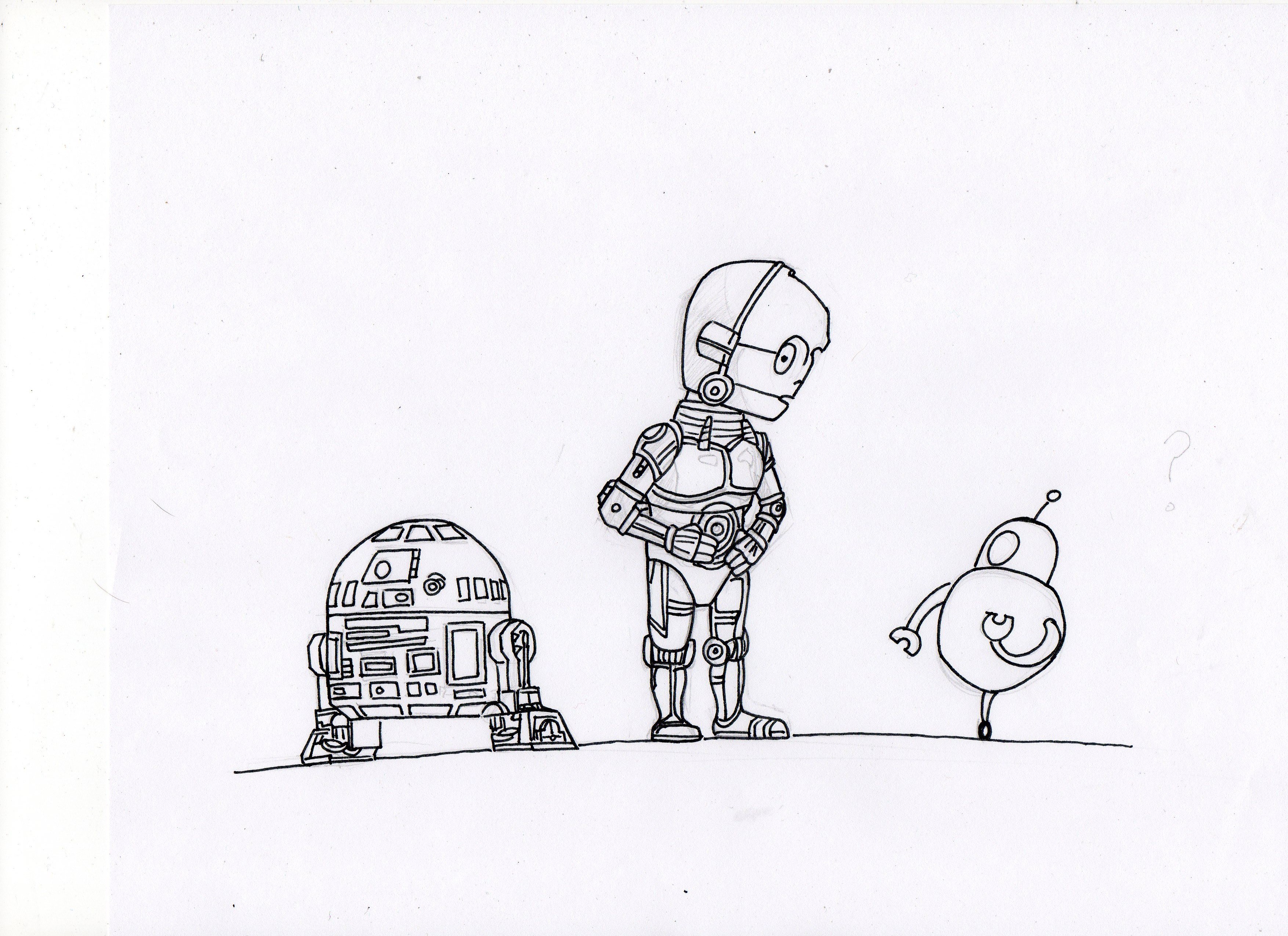 robots in a line drawing
