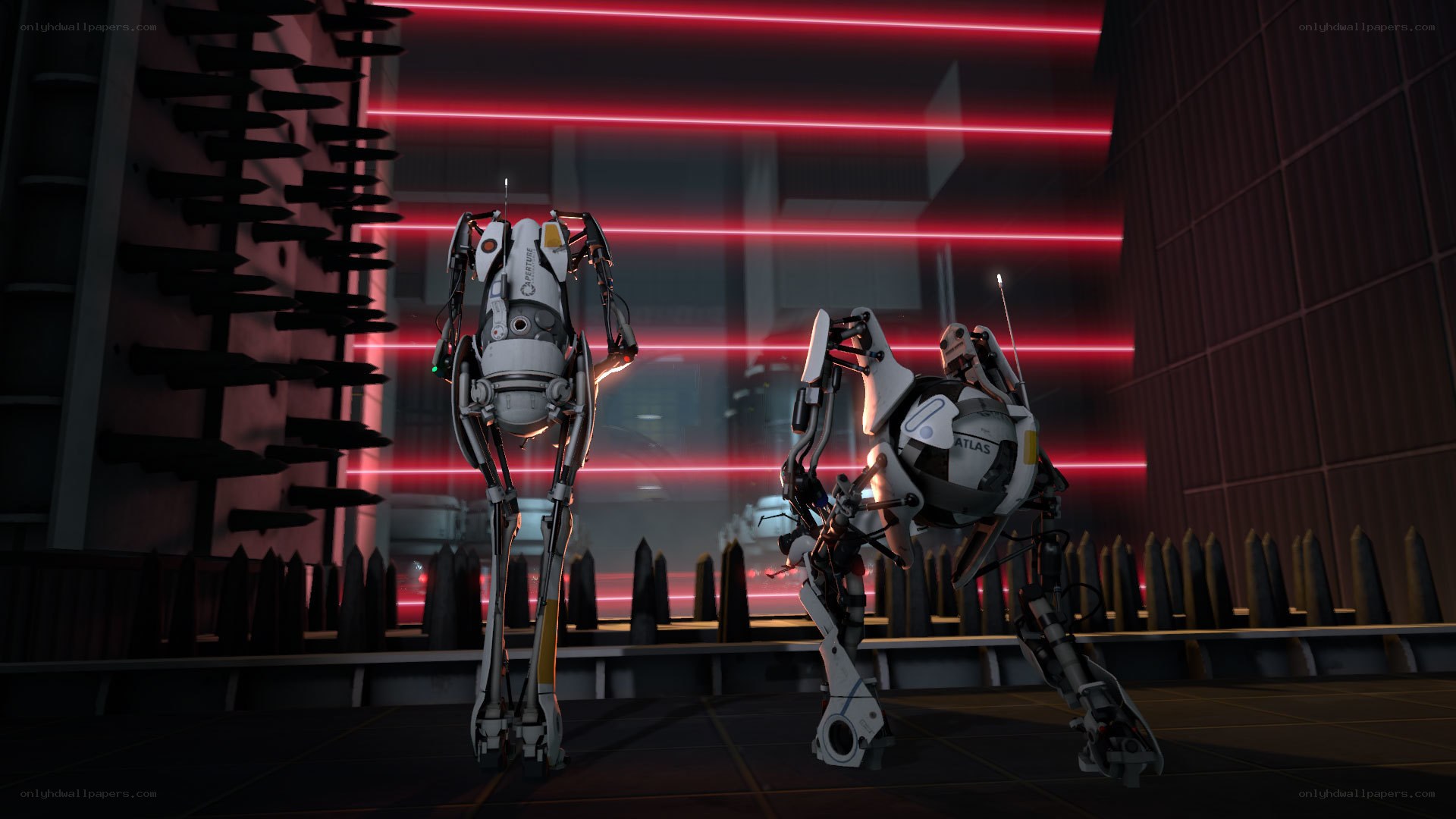 robots in a neon-lit corridor