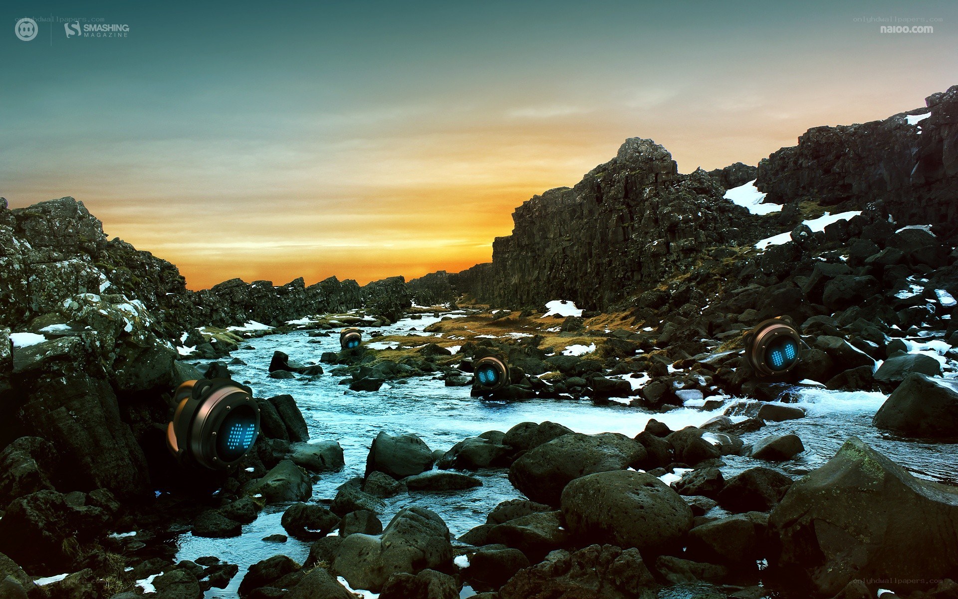 Robots in a rocky river at sunset