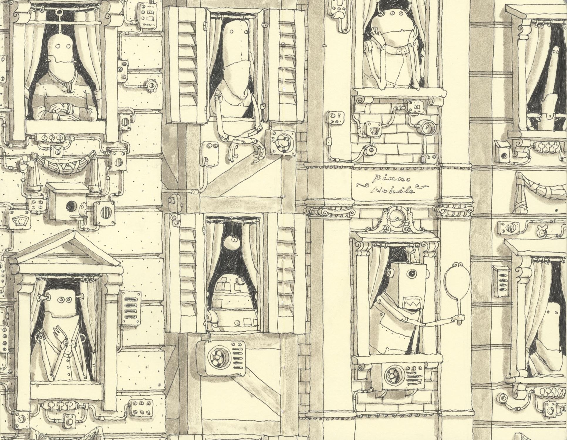robots in city windows