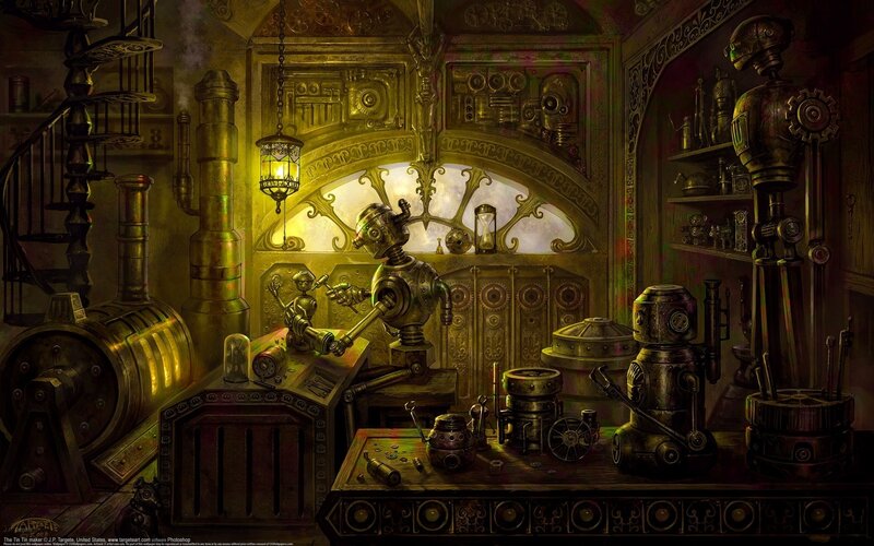 Robots in Workshop — Gold, Dramatic, Digital Art
