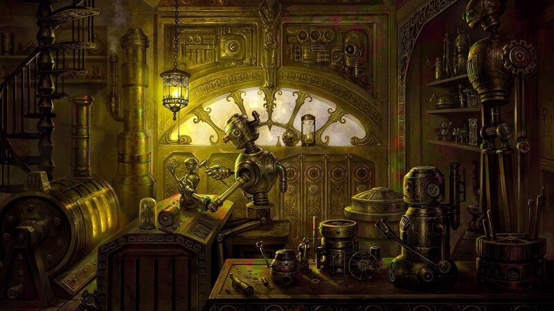 Robots in Workshop — Gold, Dramatic