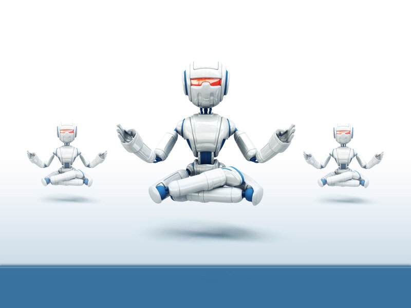Robots Meditating — White, Serene, 3d Render, Meditation Pose, White Background, Blue Accents