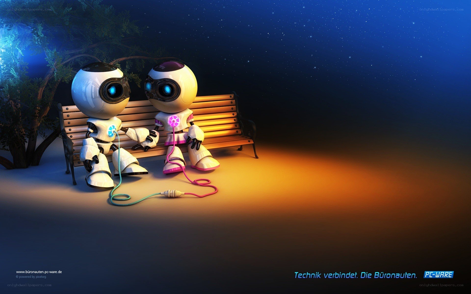 Robots on a bench at night