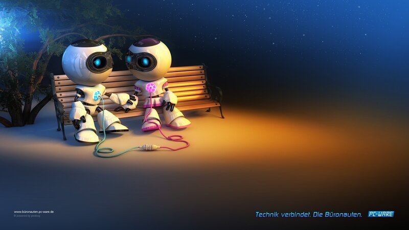 Robots on a bench at night