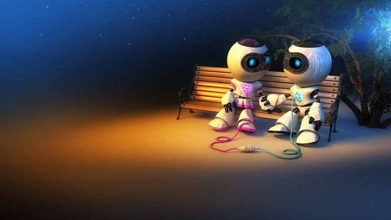 Robots on a park bench