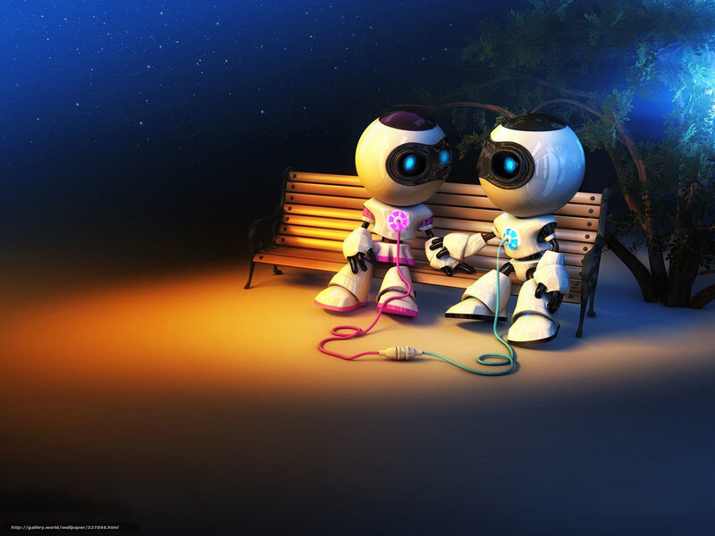 Robots on a park bench