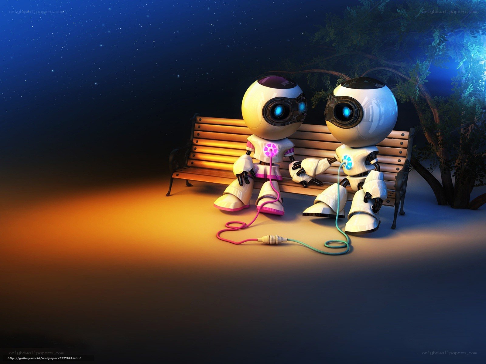 Robots on a park bench