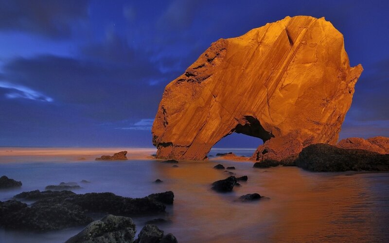 Rock Arch at Beach — Blue, Dramatic, Night