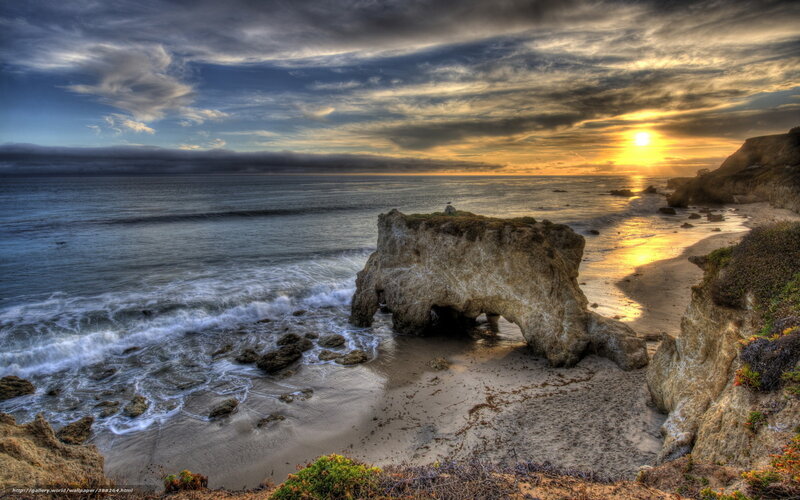 Rock Arch at Beach — Blue, Dramatic, Sunset, Photograph, Ocean, Sand, Cliffs