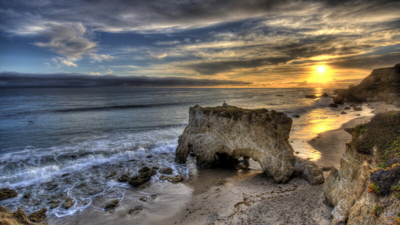 Rock Arch at Beach — Blue, Dramatic, Sunset, Photograph, Ocean, Sand