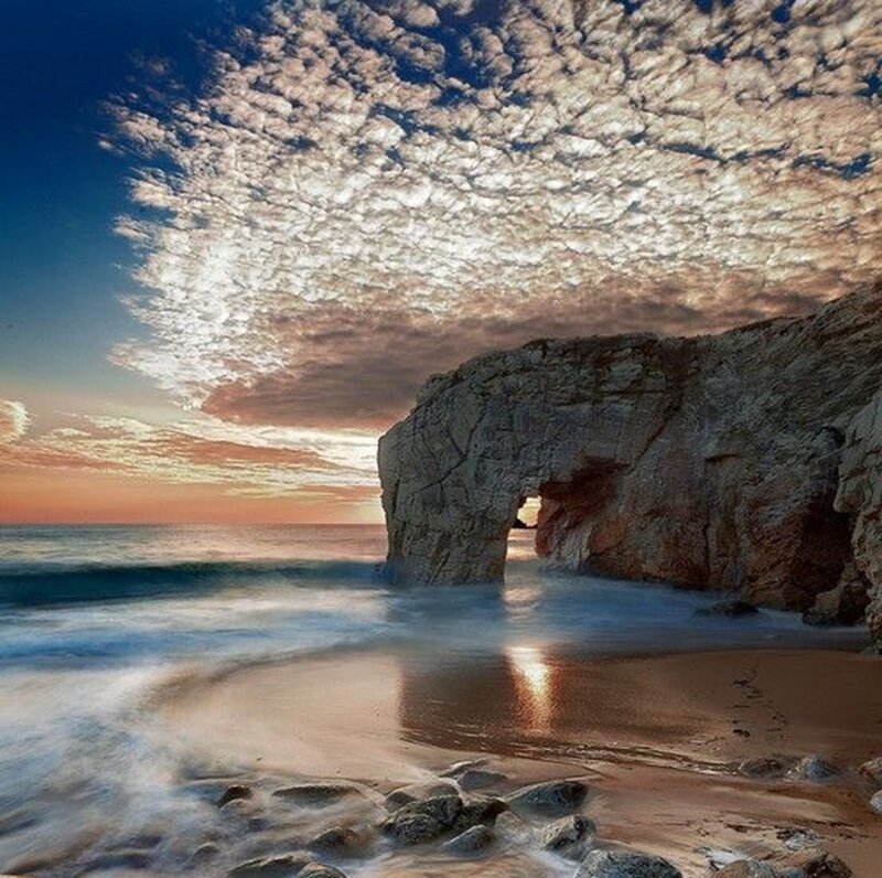 Rock Arch at Beach — Blue, Dramatic, Sunset, Photograph, Ocean, Sky