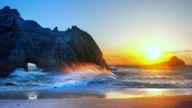 Rock Arch at Beach — Blue, Dramatic, Sunset, Photograph, Ocean, Sun, Sand