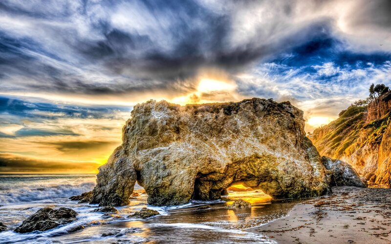 Rock Arch at Beach — Blue, Dramatic, Sunset, Photograph, Ocean