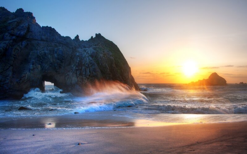 Rock Arch at Beach — Blue, Dramatic, Sunset, Photograph, Ocean, Waves, Sun