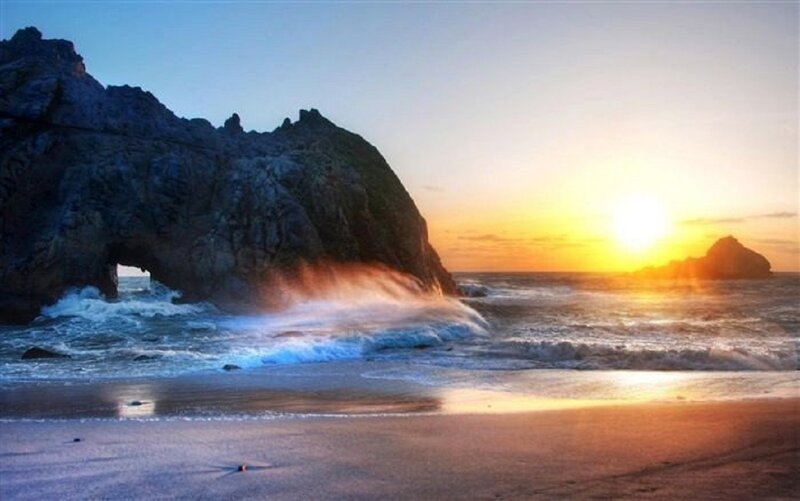 Rock Arch at Beach — Blue, Dramatic, Sunset, Photograph, Ocean, Waves