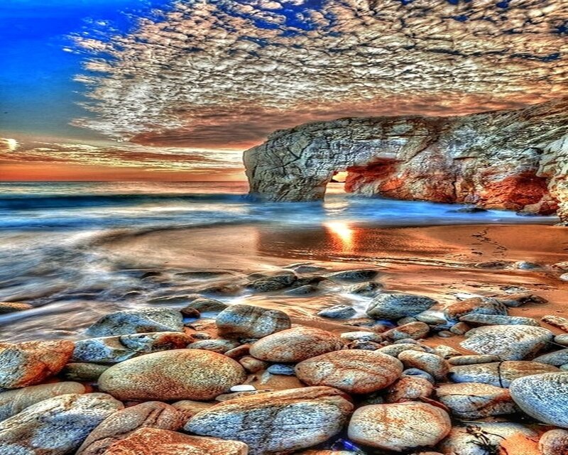 Rock Arch at Beach — Blue, Dramatic, Sunset, Photograph