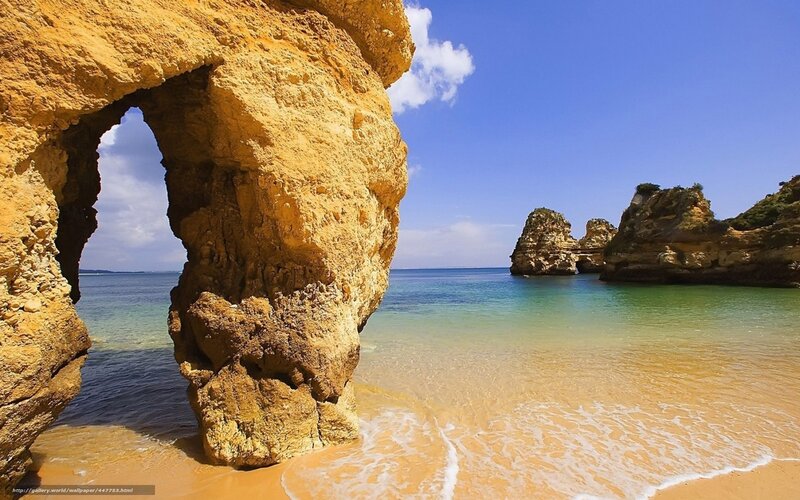 Rock Arch at Beach — Blue, Serene, Afternoon, Photograph, Ocean, Sand