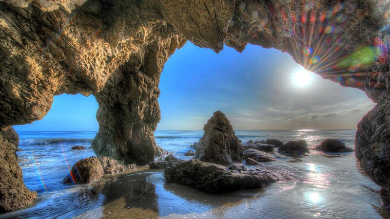 Rock Arch at Beach — Blue, Serene, Afternoon, Photograph, Ocean, Sun