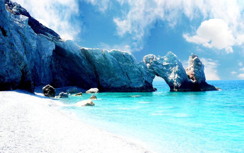 Rock Arch at Beach — Blue, Serene, Afternoon