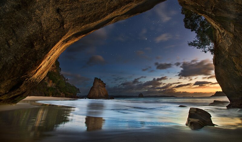 Rock Arch at Beach — Blue, Serene, Night