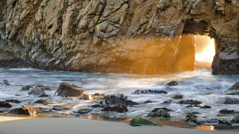 Rock Arch at Beach — Brown, Dramatic, Sunset, Photograph, Ocean