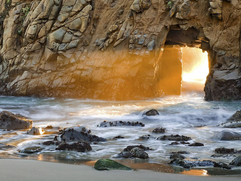 Rock Arch at Beach — Brown, Dramatic, Sunset, Photograph