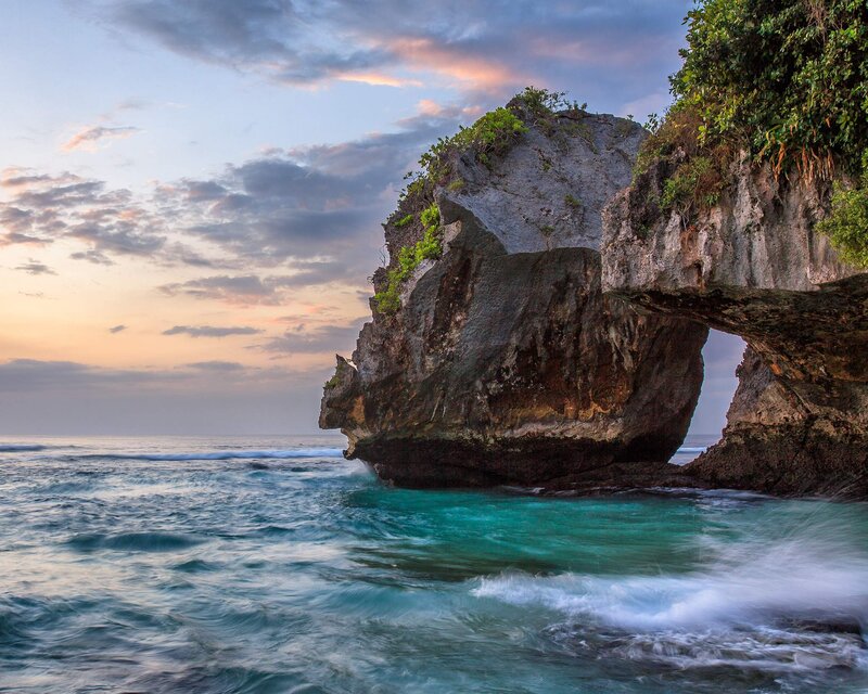 Rock Arch at Coastline — Blue, Serene, Sunset