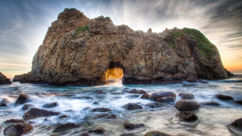 Rock Arch at Sunset — Blue, Dramatic, Photograph, Ocean, Rocks