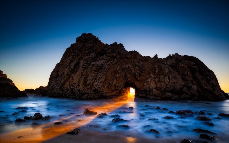 Rock Arch at Sunset — Blue, Dramatic, Photograph, Sea, Sky, Rocks